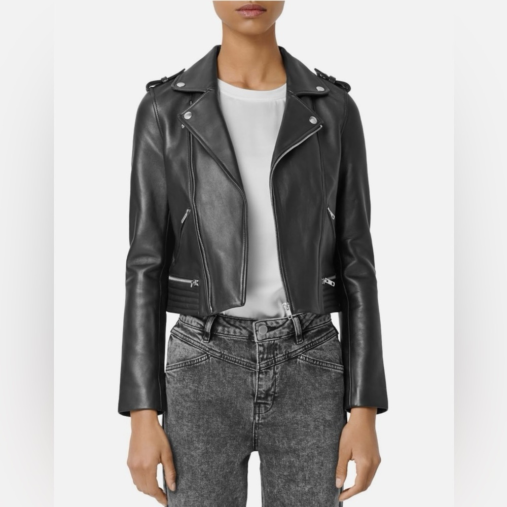 Maje Basalt Lambskin Biker Leather Jacket 36
